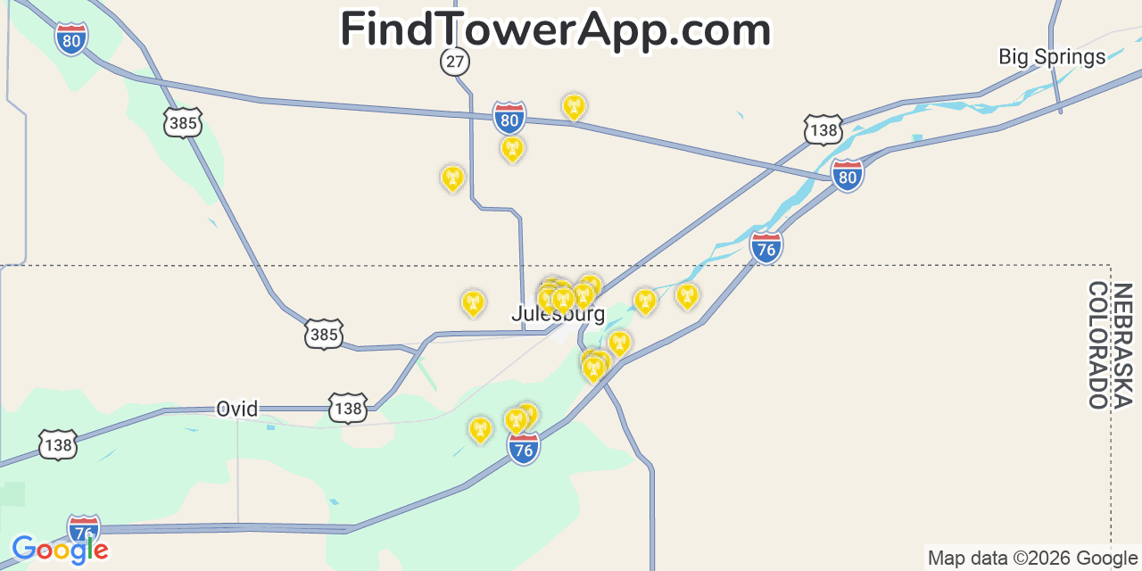 Map showing the 20 primary cell tower locations detected in Julesburg, Colorado from AT&T, Verizon, and T-Mobile networks
