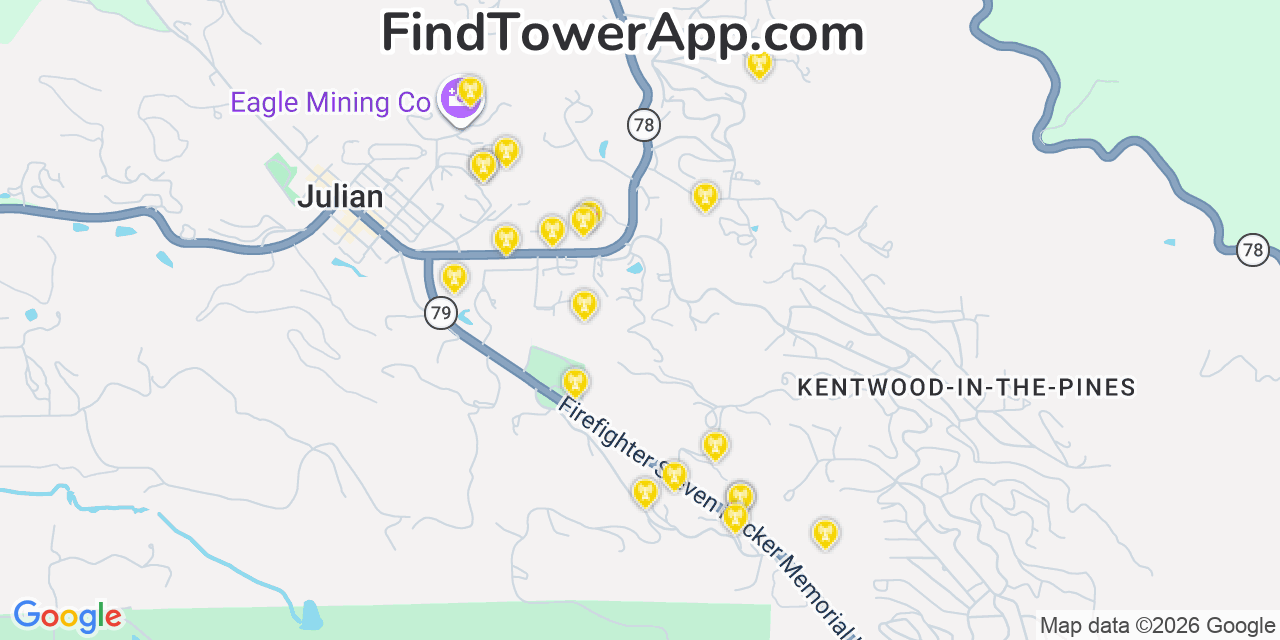 Map showing the 20 primary cell tower locations detected in Julian, California from AT&T, Verizon, and T-Mobile networks