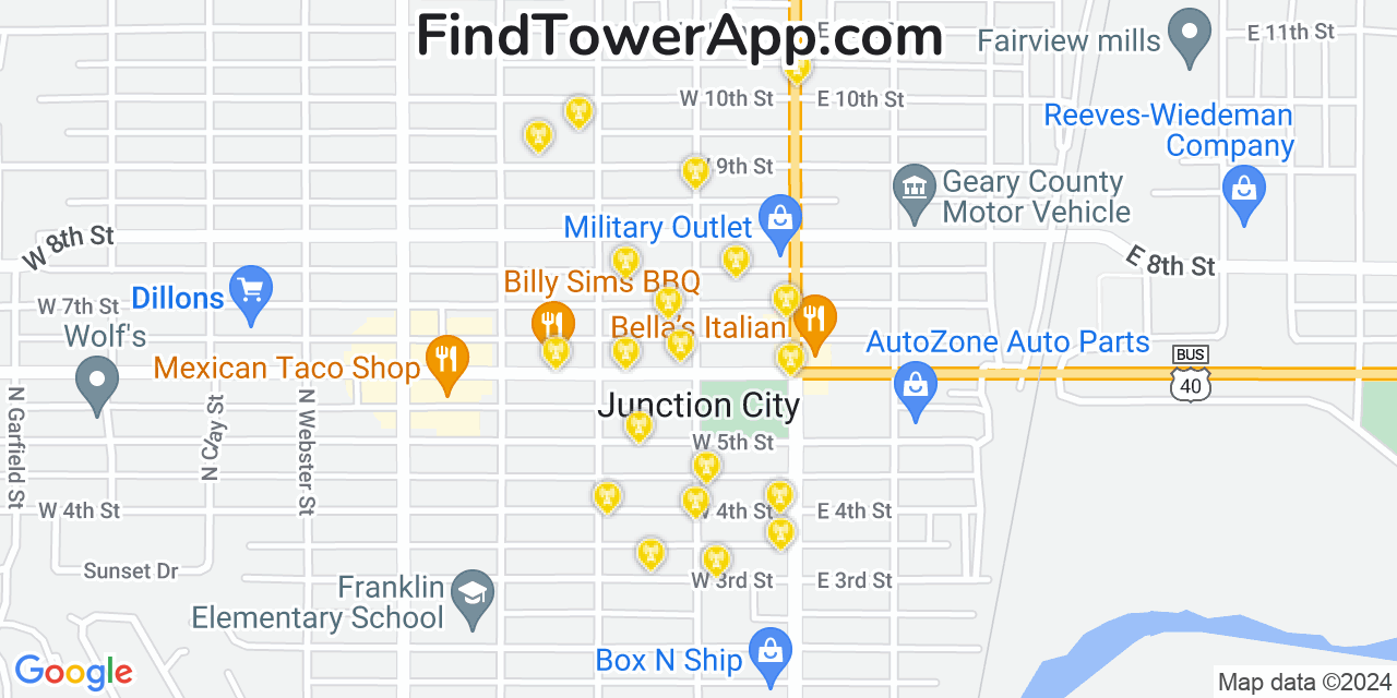 AT&T 4G/5G cell tower coverage map Junction City, Kansas