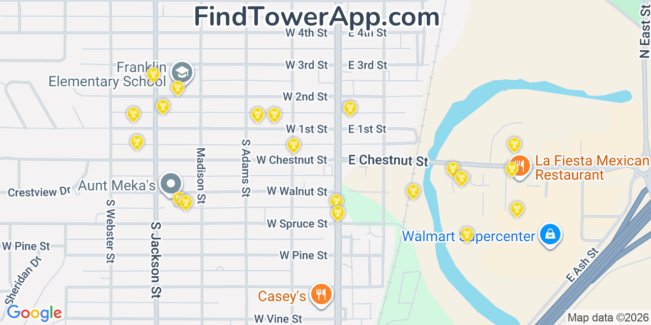 Map showing the 20 primary cell tower locations detected in Junction City, Kansas from AT&T, Verizon, and T-Mobile networks