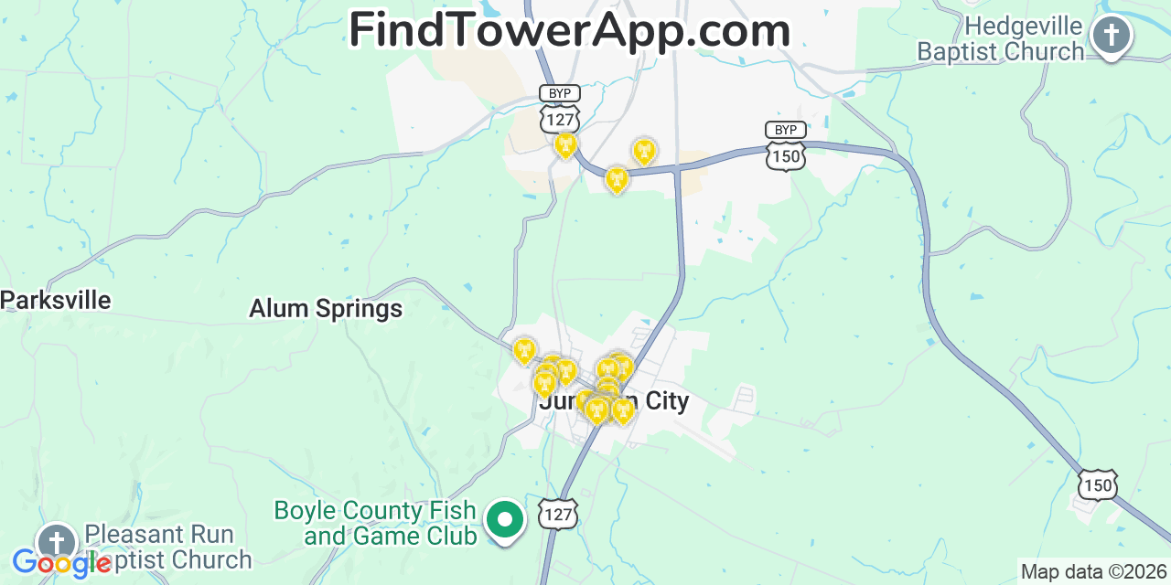 Map showing the 20 primary cell tower locations detected in Junction City, Kentucky from AT&T, Verizon, and T-Mobile networks