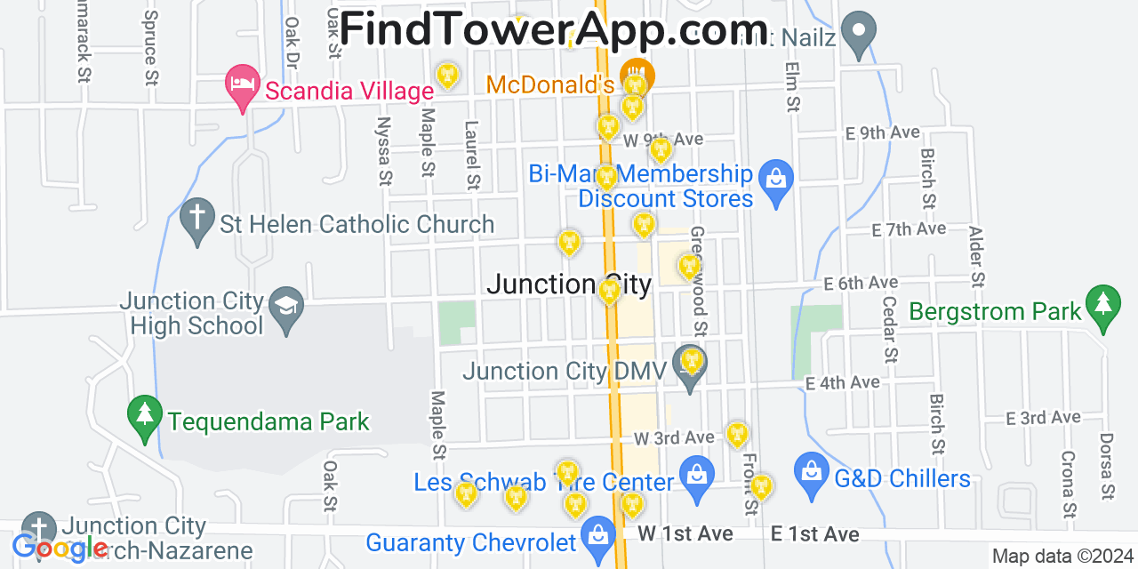 AT&T 4G/5G cell tower coverage map Junction City, Oregon