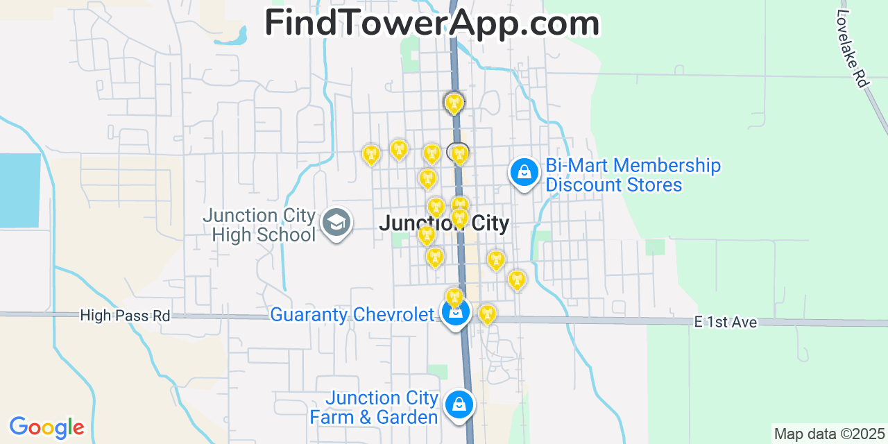 Map showing the 20 primary cell tower locations detected in Junction City, Oregon from AT&T, Verizon, and T-Mobile networks