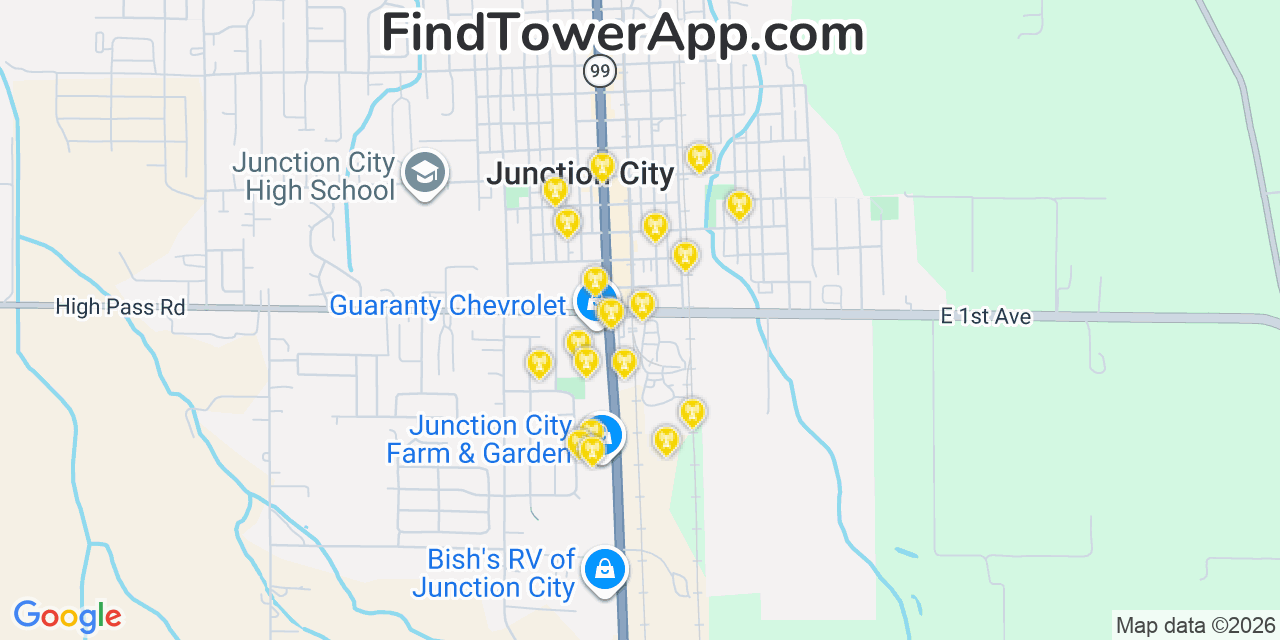 Map showing the 20 primary cell tower locations detected in Junction City, Oregon from AT&T, Verizon, and T-Mobile networks