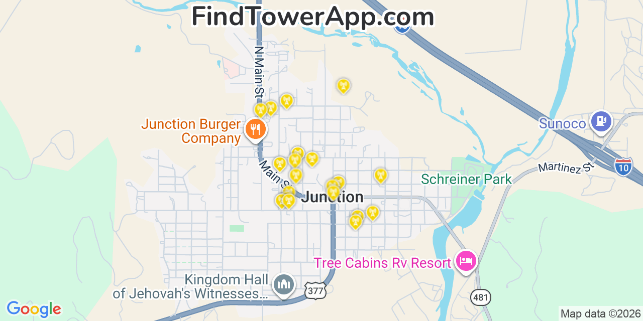 Map showing the 20 primary cell tower locations detected in Junction, Texas from AT&T, Verizon, and T-Mobile networks