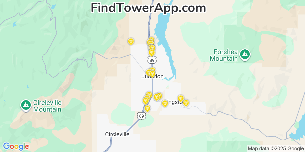 Map showing the 20 primary cell tower locations detected in Junction, Utah from AT&T, Verizon, and T-Mobile networks