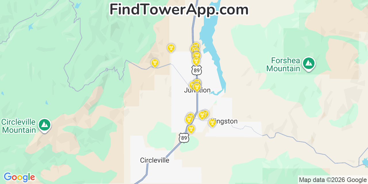 Map showing the 20 primary cell tower locations detected in Junction, Utah from AT&T, Verizon, and T-Mobile networks