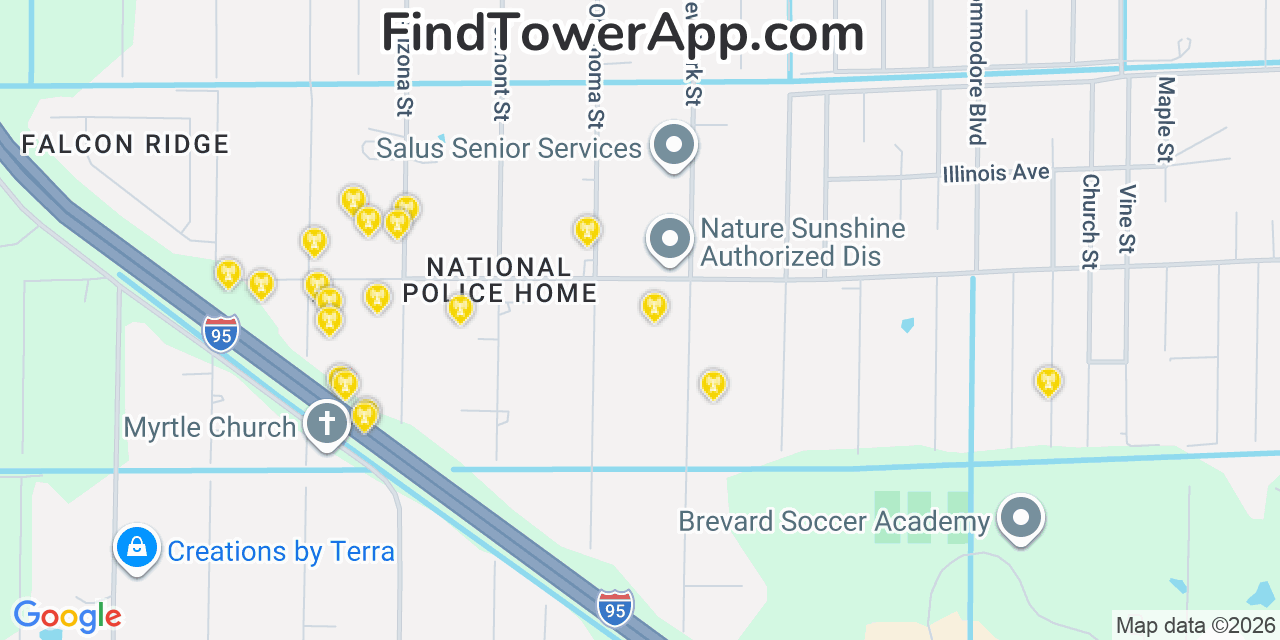 Map showing the 20 primary cell tower locations detected in June Park, Florida from AT&T, Verizon, and T-Mobile networks
