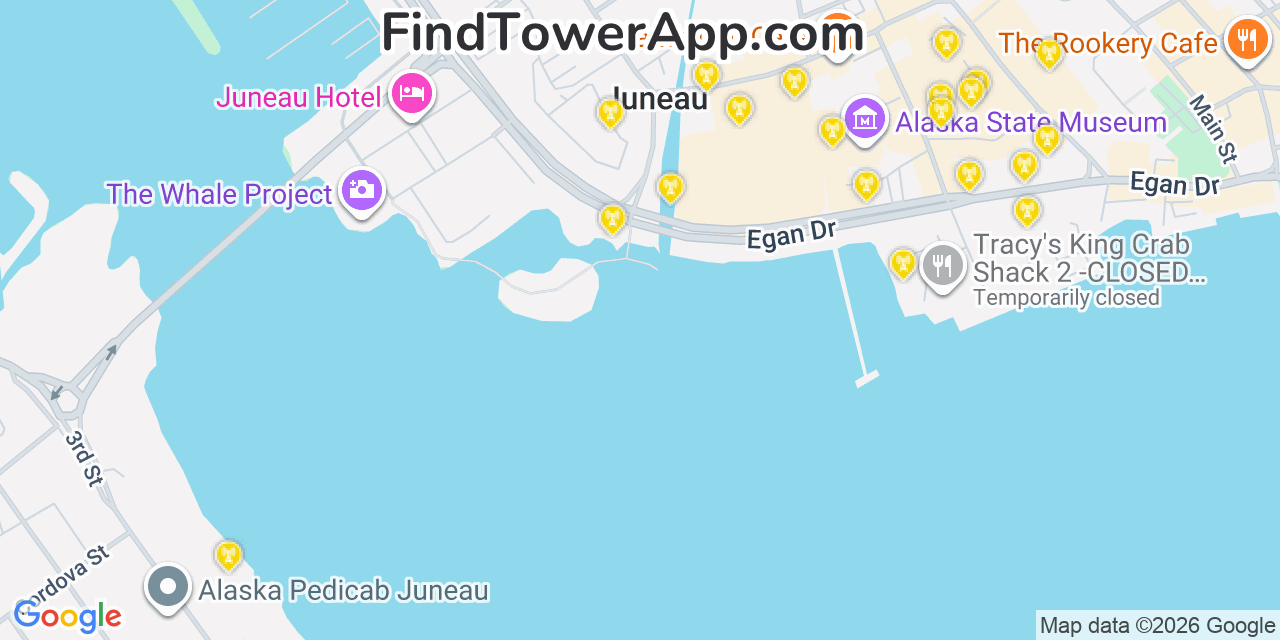 Map showing the 20 primary cell tower locations detected in Juneau, Alaska from AT&T, Verizon, and T-Mobile networks