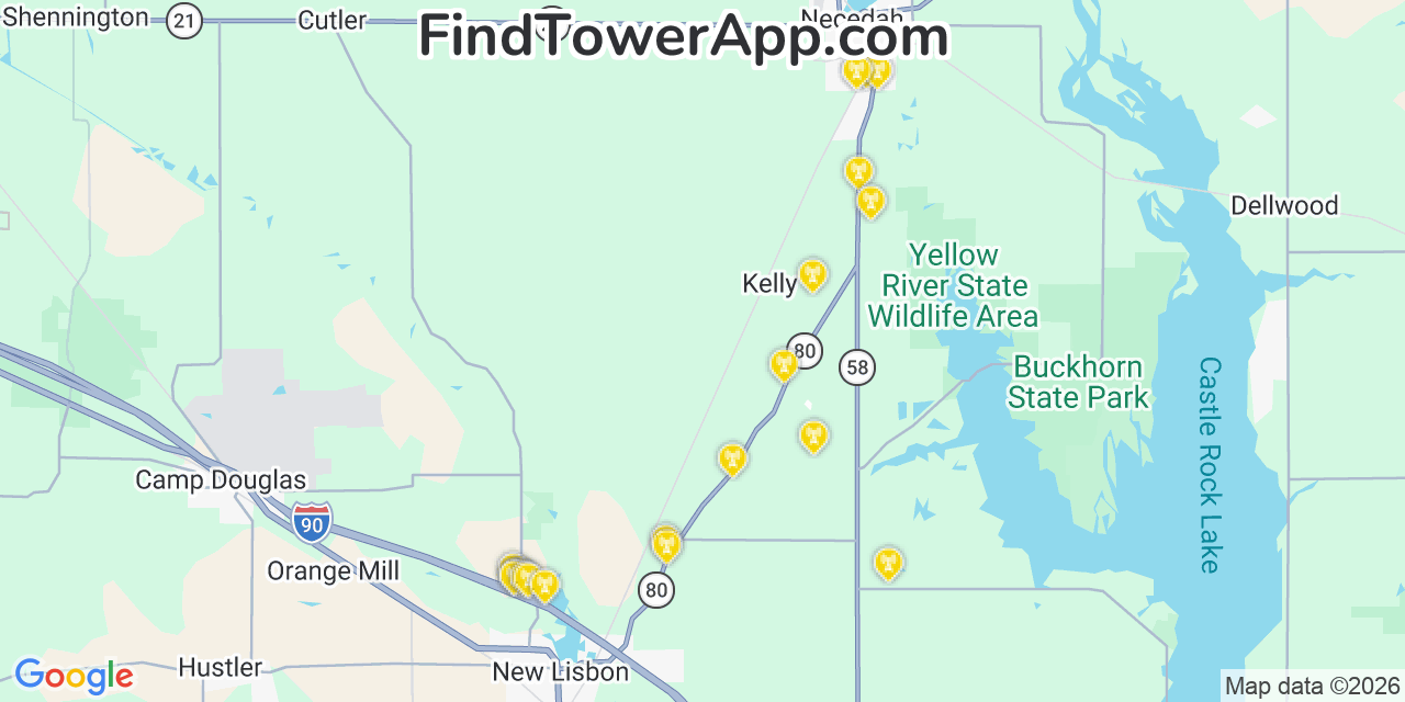 Map showing the 20 primary cell tower locations detected in Juneau, Wisconsin from AT&T, Verizon, and T-Mobile networks