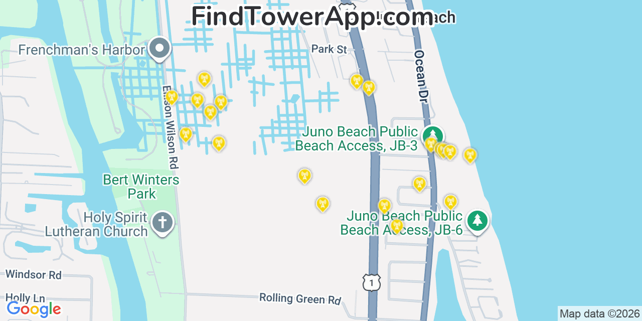 Map showing the 20 primary cell tower locations detected in Juno Beach, Florida from AT&T, Verizon, and T-Mobile networks