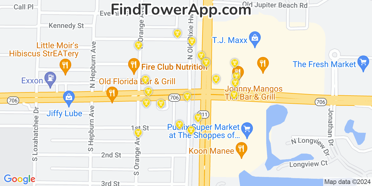 AT&T 4G/5G cell tower coverage map Jupiter, Florida