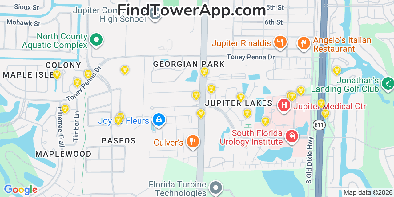 Map showing the 20 primary cell tower locations detected in Jupiter, Florida from AT&T, Verizon, and T-Mobile networks