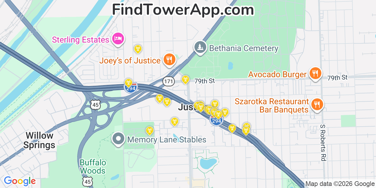 Map showing the 20 primary cell tower locations detected in Justice, Illinois from AT&T, Verizon, and T-Mobile networks