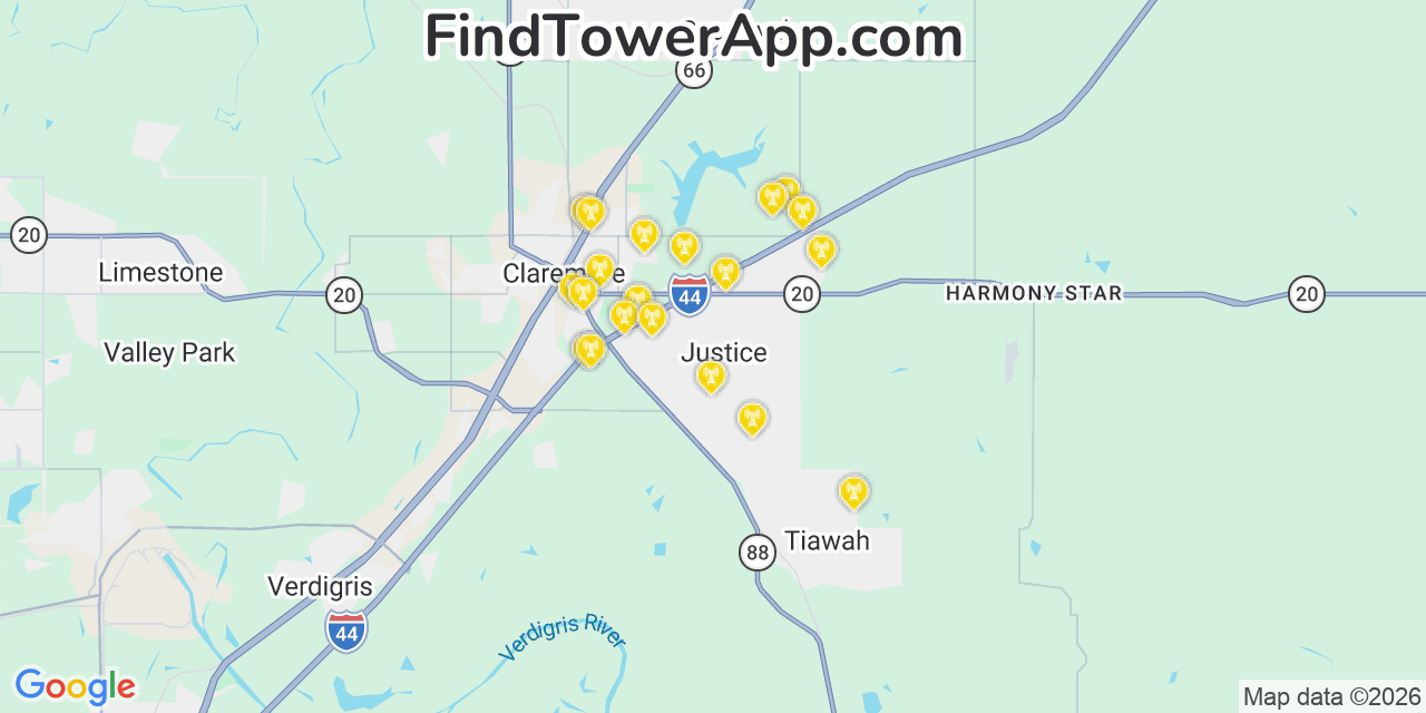 Map showing the 20 primary cell tower locations detected in Justice, Oklahoma from AT&T, Verizon, and T-Mobile networks