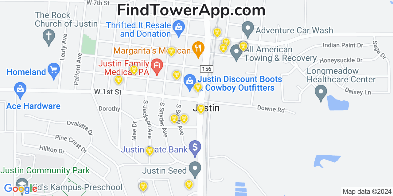 AT&T 4G/5G cell tower coverage map Justin, Texas