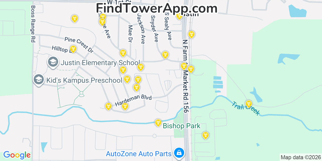 Map showing the 20 primary cell tower locations detected in Justin, Texas from AT&T, Verizon, and T-Mobile networks