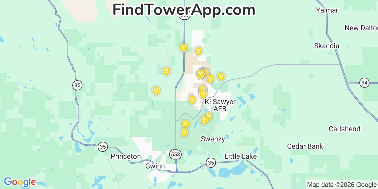 Map showing the 20 primary cell tower locations detected in K. I. Sawyer Air Force Base, Michigan from AT&T, Verizon, and T-Mobile networks