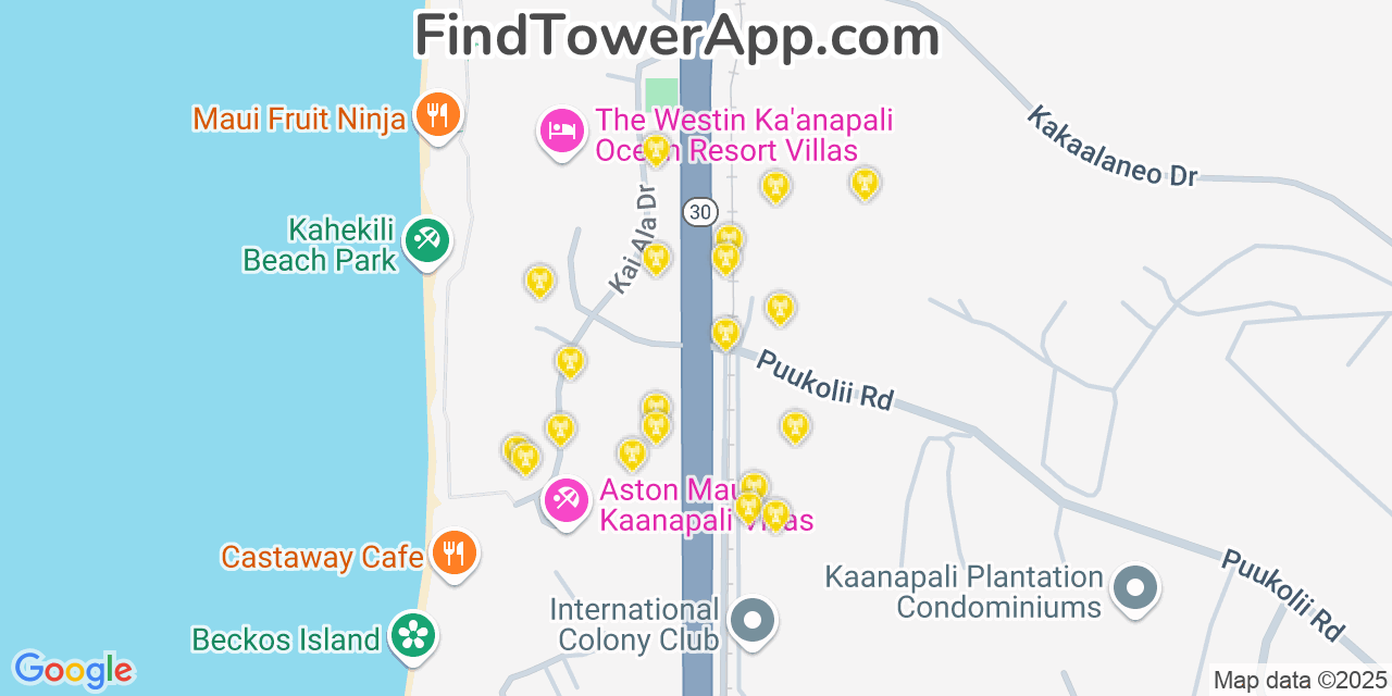 AT&T 4G/5G cell tower coverage map Kāanapali, Hawaii