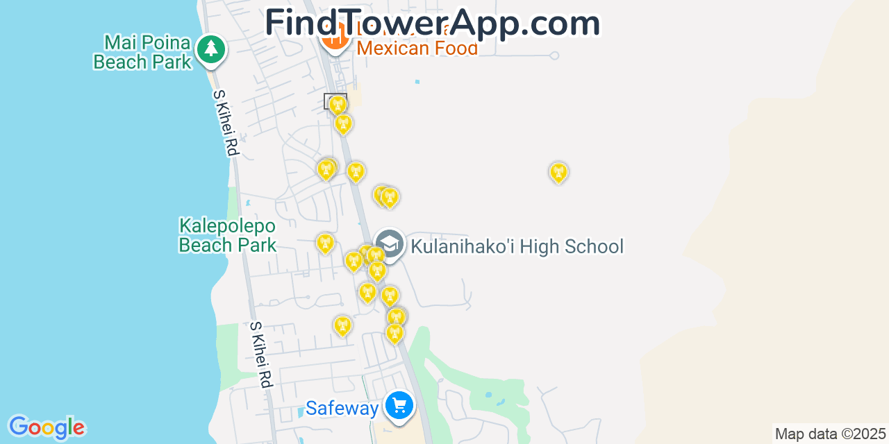 Map showing the 20 primary cell tower locations detected in Kīhei, Hawaii from AT&T, Verizon, and T-Mobile networks