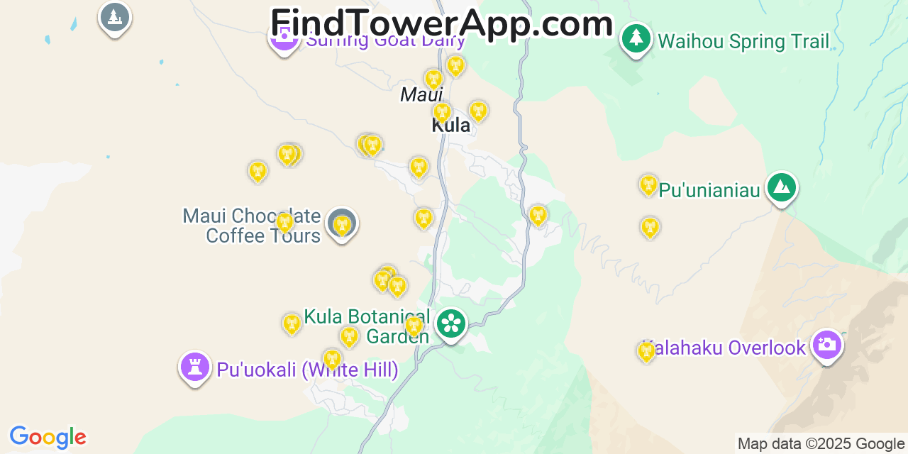 Map showing the 24 primary AT&T cell tower locations detected in Ka�A�Awa, Hawaii with coverage radius and signal strength indicators