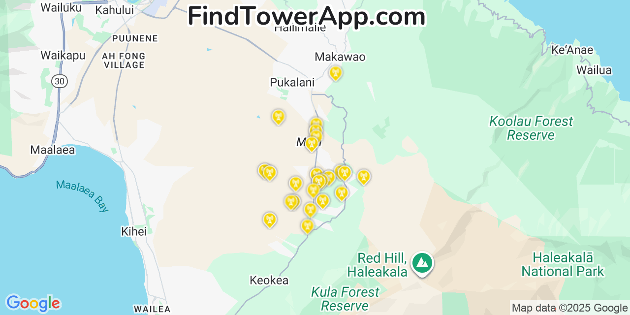 Map showing the 24 primary T-Mobile cell tower locations detected in Ka�A�Awa, Hawaii with coverage radius and signal strength indicators