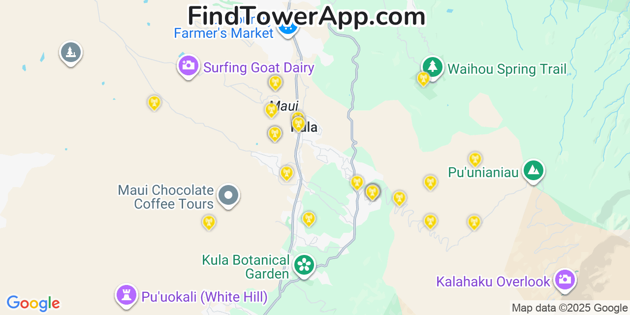 Map showing the 24 primary Verizon cell tower locations detected in Ka�A�Awa, Hawaii with coverage radius and signal strength indicators
