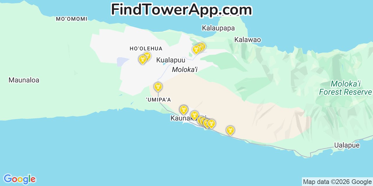 Map showing the 25 primary AT&T cell tower locations detected in Kä“ÅKea, Hawaii with coverage radius and signal strength indicators