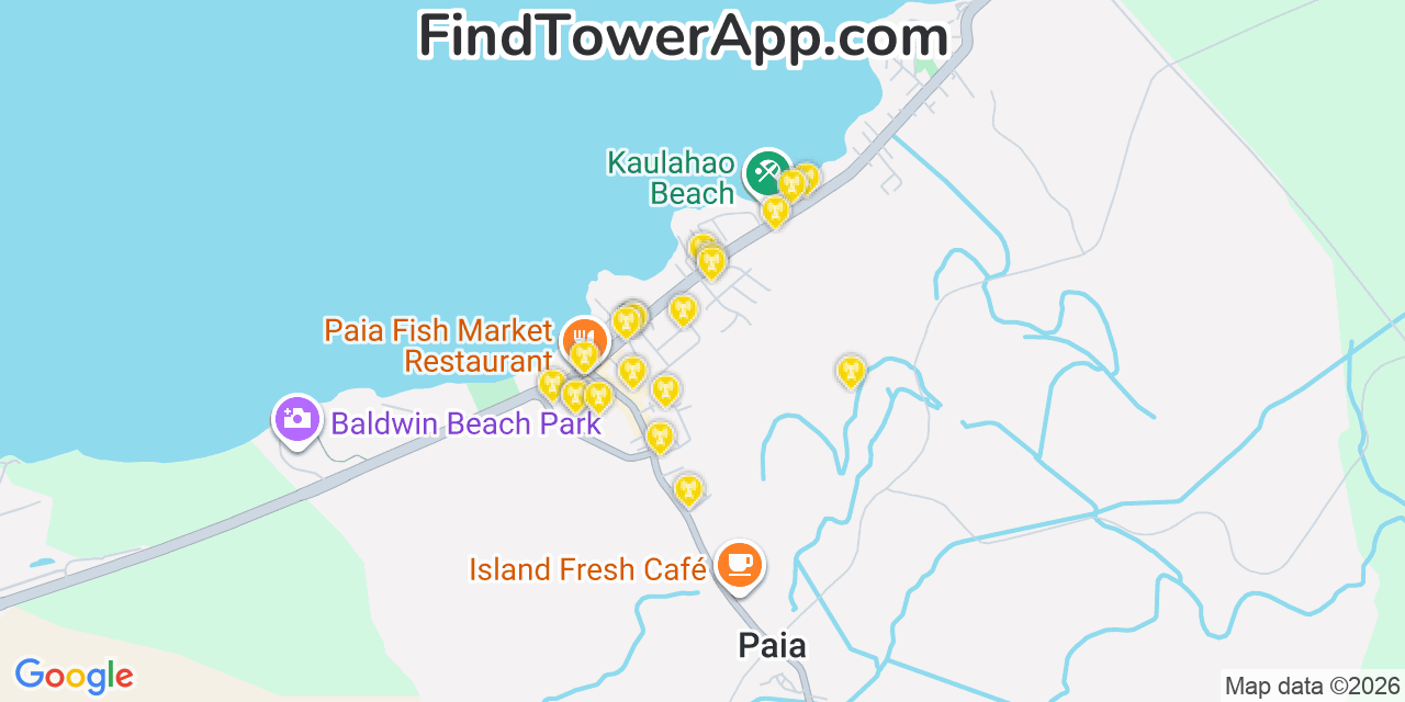Map showing the 20 primary cell tower locations detected in Kä“Å Kea, Hawaii from AT&T, Verizon, and T-Mobile networks