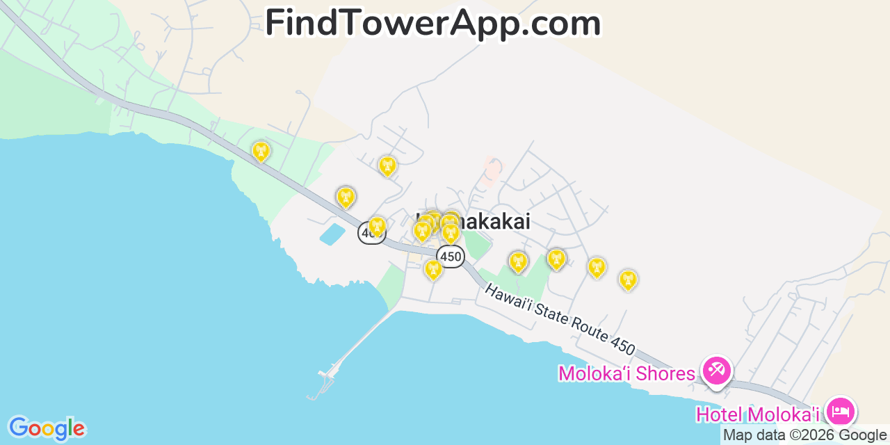 Map showing the 20 primary cell tower locations detected in Kä“ÅKea, Hawaii from AT&T, Verizon, and T-Mobile networks