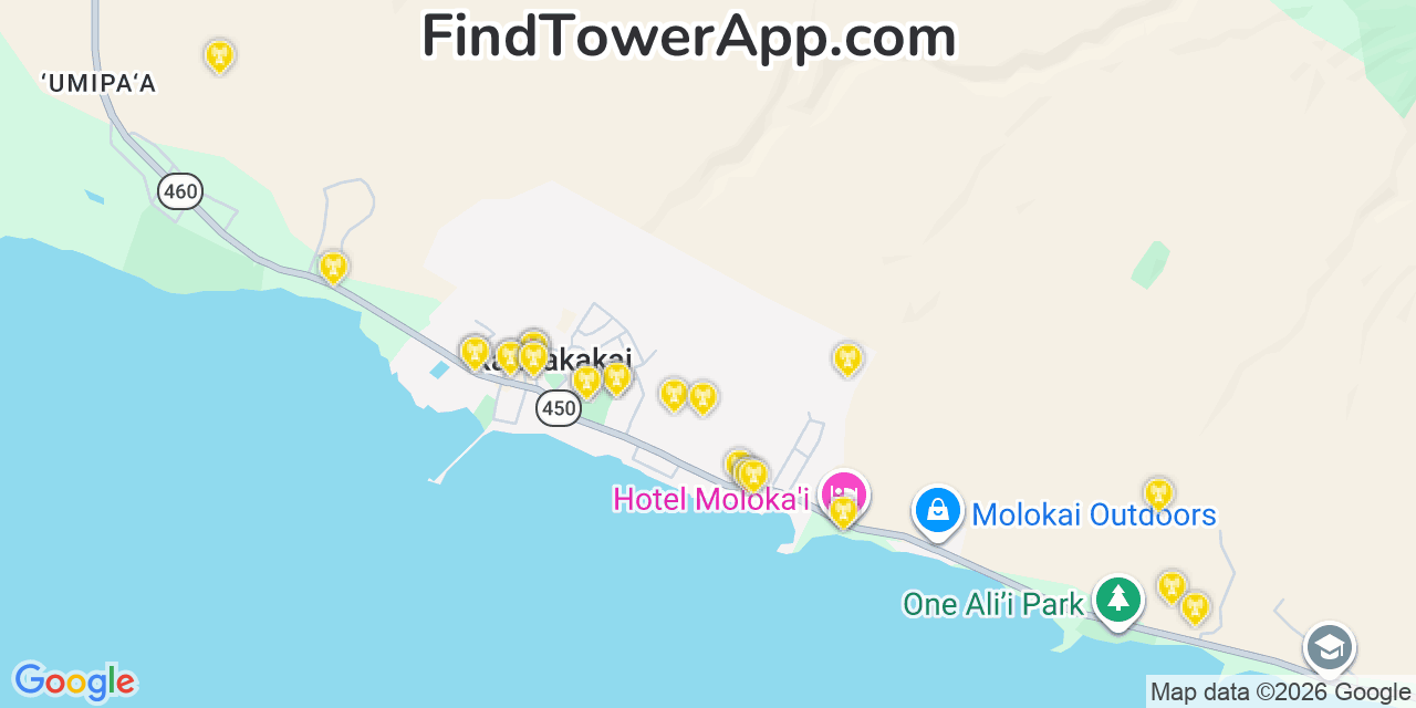 Map showing the 25 primary T-Mobile cell tower locations detected in Kä“ÅKea, Hawaii with coverage radius and signal strength indicators