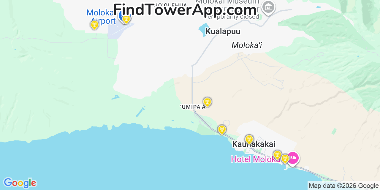 Map showing the 20 primary Verizon cell tower locations detected in Kä“ÅKea, Hawaii with coverage radius and signal strength indicators