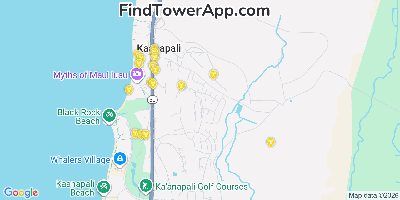 Map showing the 20 primary AT&T cell tower locations detected in KäAnapali, Hawaii with coverage radius and signal strength indicators