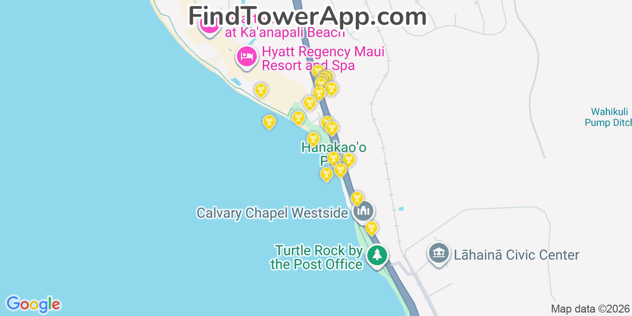 Map showing the 20 primary cell tower locations detected in Kä Anapali, Hawaii from AT&T, Verizon, and T-Mobile networks