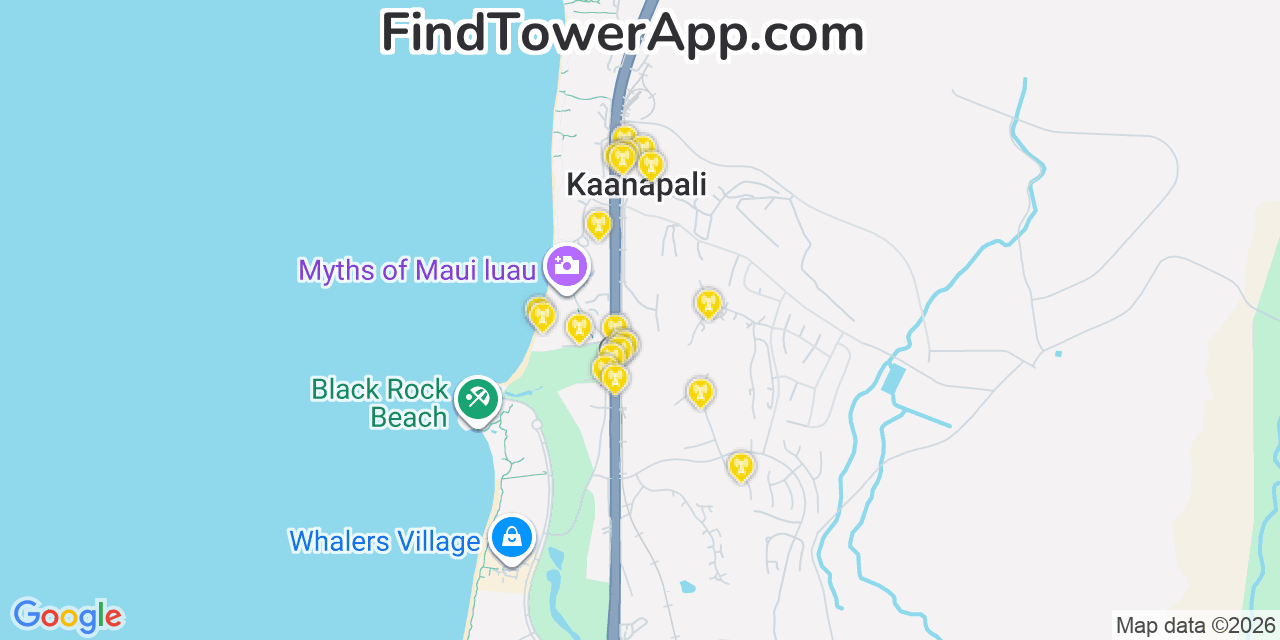 Map showing the 20 primary T-Mobile cell tower locations detected in KäAnapali, Hawaii with coverage radius and signal strength indicators