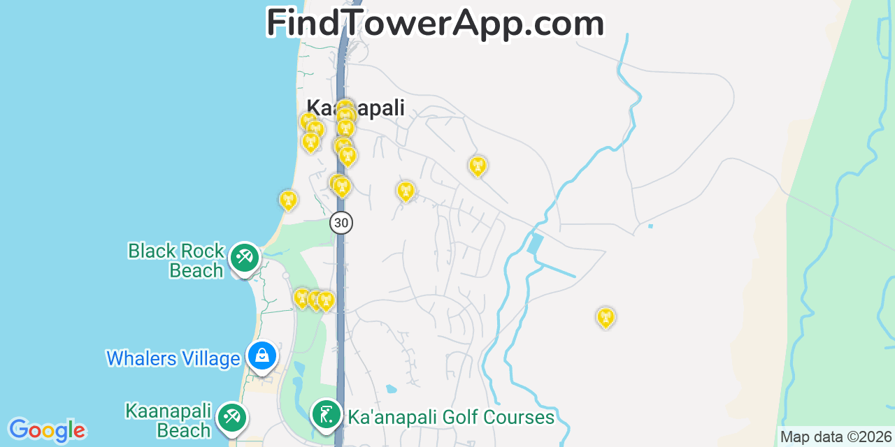 Map showing the 20 primary AT&T cell tower locations detected in KäAnapali, Hawaii with coverage radius and signal strength indicators