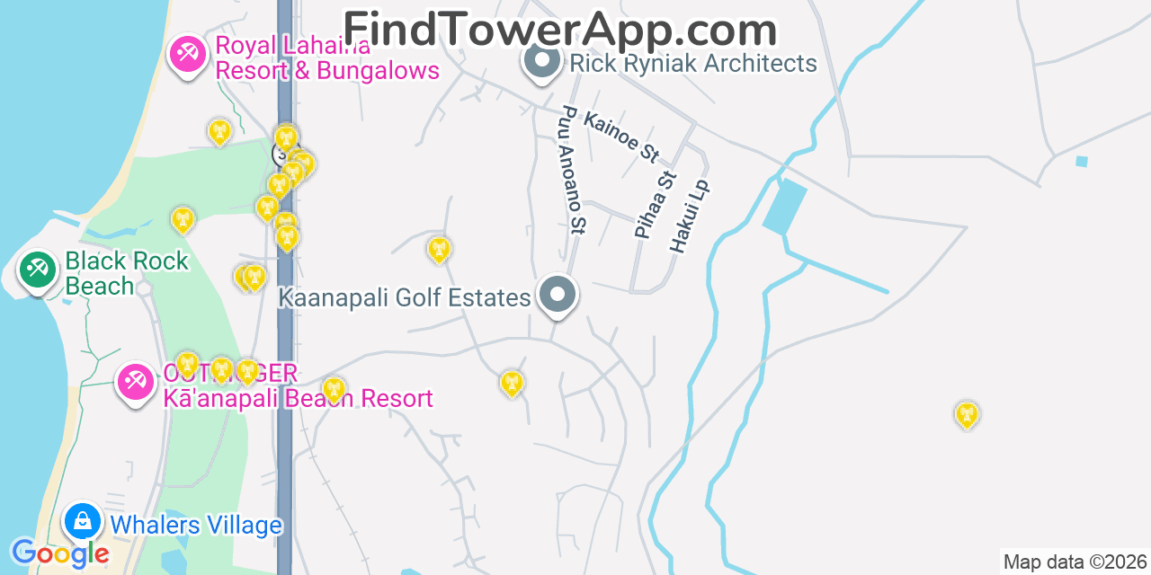 Map showing the 20 primary cell tower locations detected in KäAnapali, Hawaii from AT&T, Verizon, and T-Mobile networks