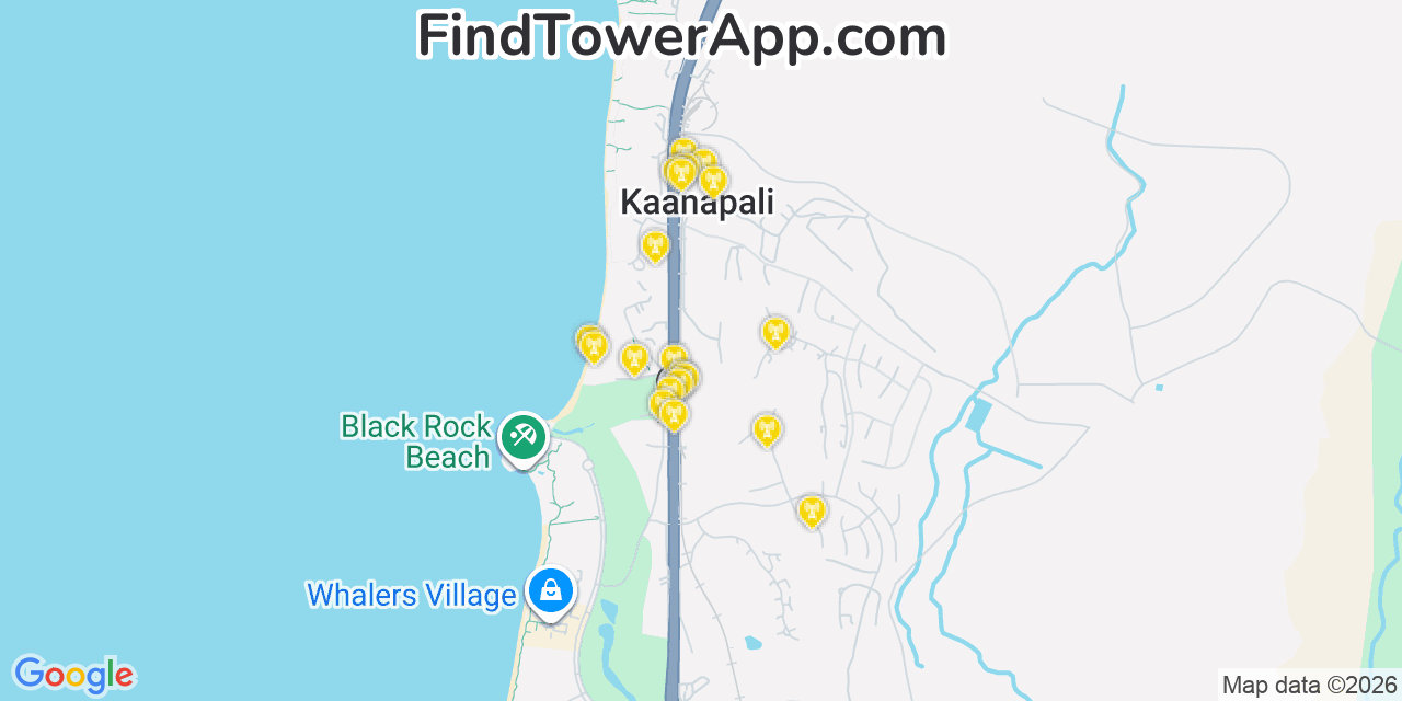 Map showing the 20 primary T-Mobile cell tower locations detected in KäAnapali, Hawaii with coverage radius and signal strength indicators