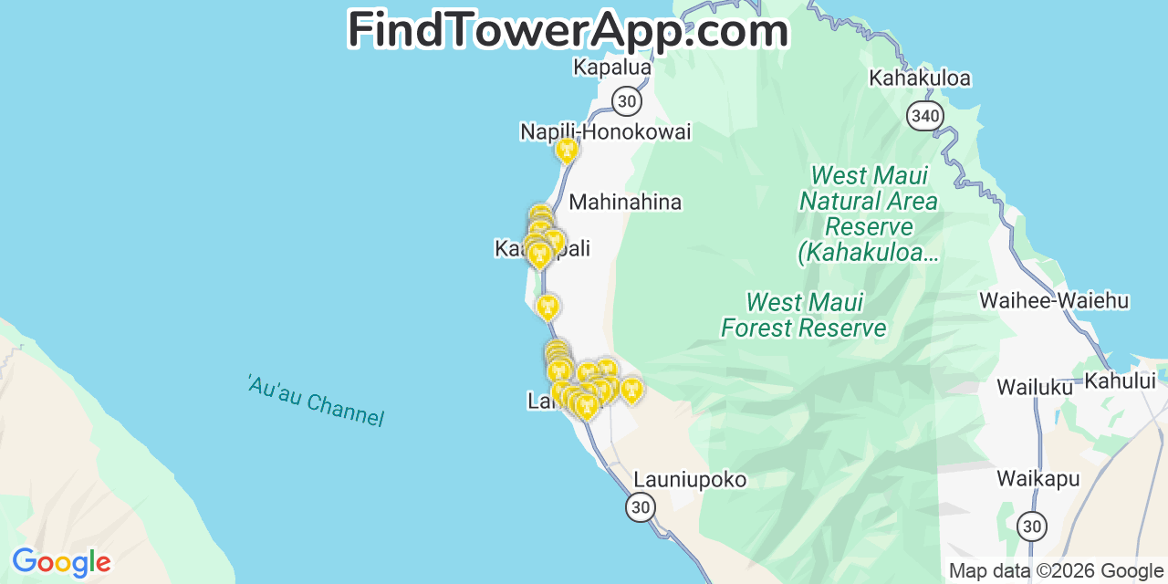 Map showing the 30 primary Verizon cell tower locations detected in KäAnapali, Hawaii with coverage radius and signal strength indicators