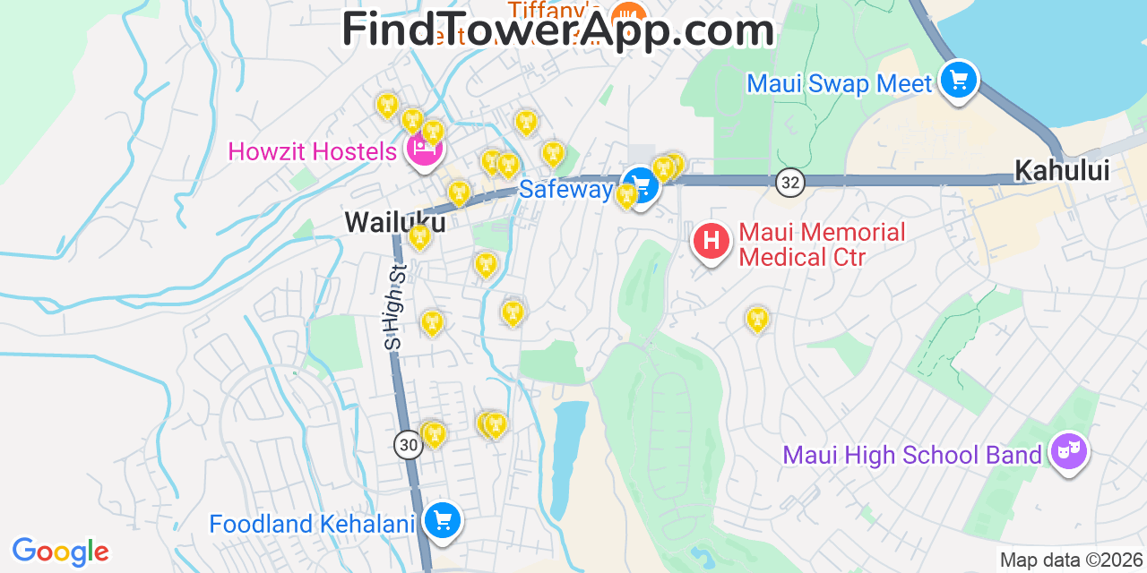 Map showing the 20 primary Verizon cell tower locations detected in Kä«Hei, Hawaii with coverage radius and signal strength indicators