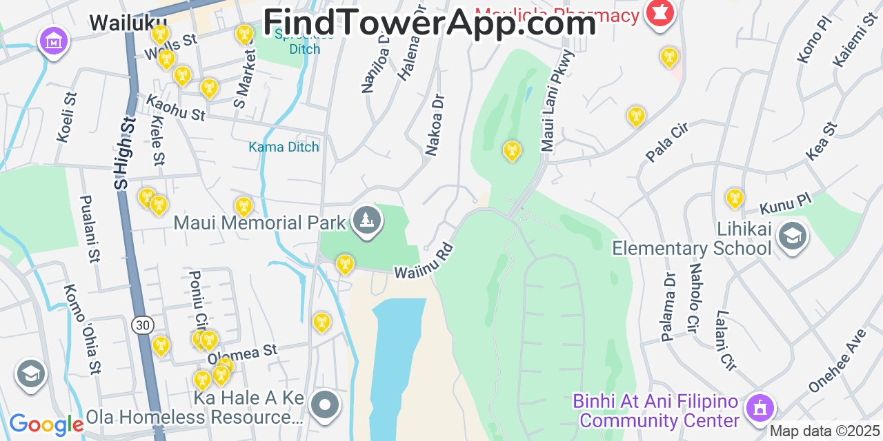 Map showing the 20 primary AT&T cell tower locations detected in Kä«Lauea, Hawaii with coverage radius and signal strength indicators