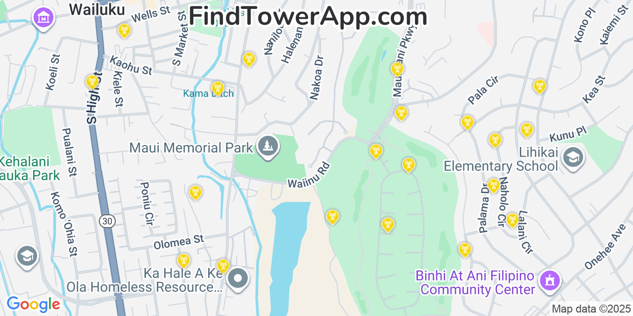 Map showing the 20 primary T-Mobile cell tower locations detected in Kä«Lauea, Hawaii with coverage radius and signal strength indicators