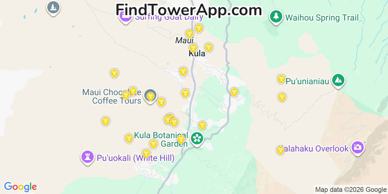 Map showing the 24 primary AT&T cell tower locations detected in Ka�A�Awa, Hawaii with coverage radius and signal strength indicators
