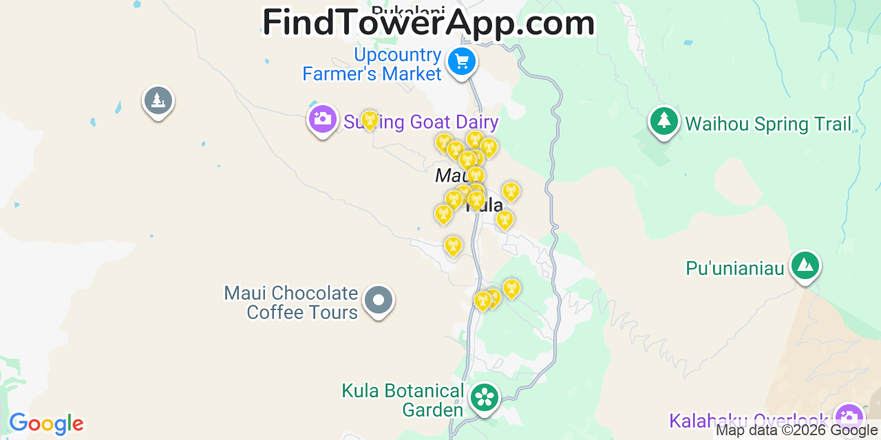 Map showing the 20 primary cell tower locations detected in Ka�A�Awa, Hawaii from AT&T, Verizon, and T-Mobile networks