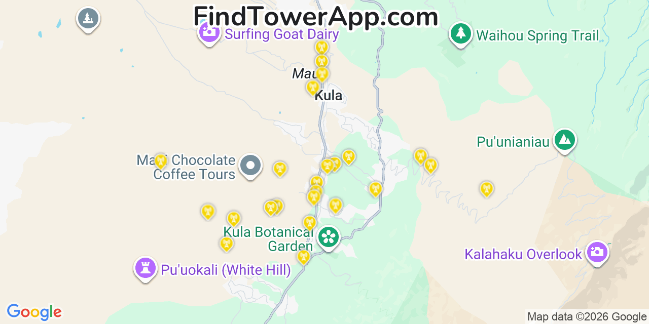 Map showing the 24 primary T-Mobile cell tower locations detected in Ka�A�Awa, Hawaii with coverage radius and signal strength indicators