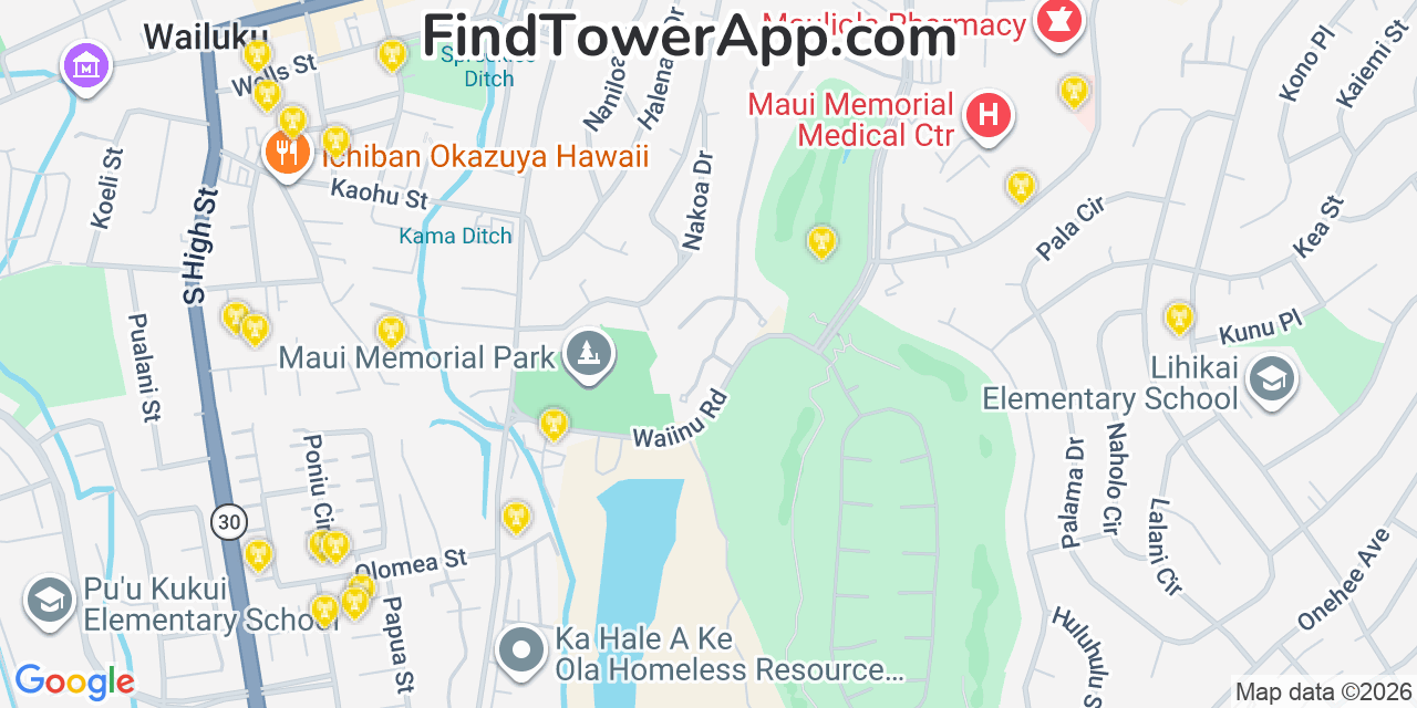 Map showing the 20 primary AT&T cell tower locations detected in Kã¯â¾Â€Žã¢Ë†Â¥Napali, Hawaii with coverage radius and signal strength indicators