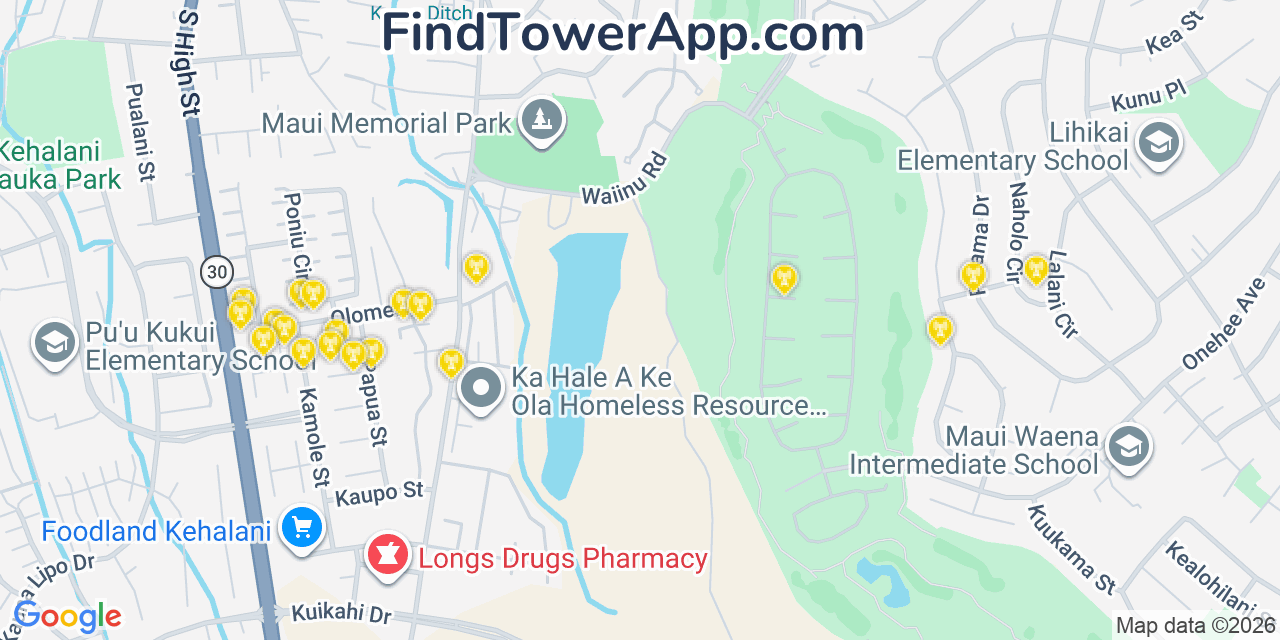 Map showing the 20 primary cell tower locations detected in Kã¯â¾Â€Žã¢Ë†Â¥Napali, Hawaii from AT&T, Verizon, and T-Mobile networks