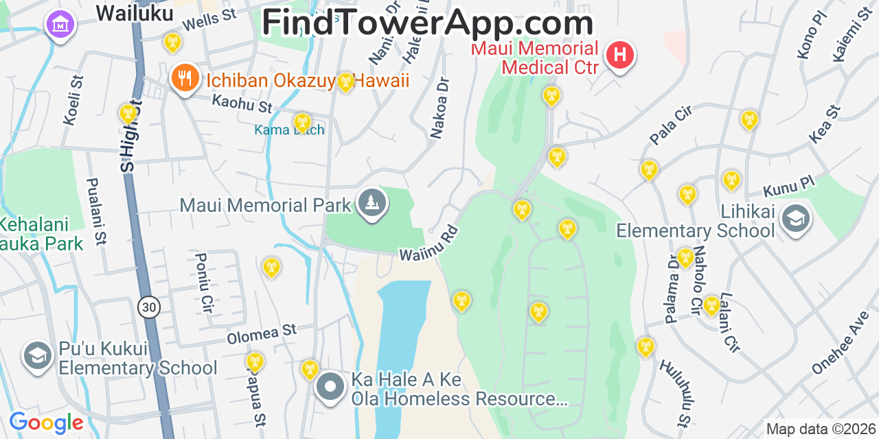Map showing the 20 primary T-Mobile cell tower locations detected in Kã¯â¾Â€Žã¢Ë†Â¥Napali, Hawaii with coverage radius and signal strength indicators