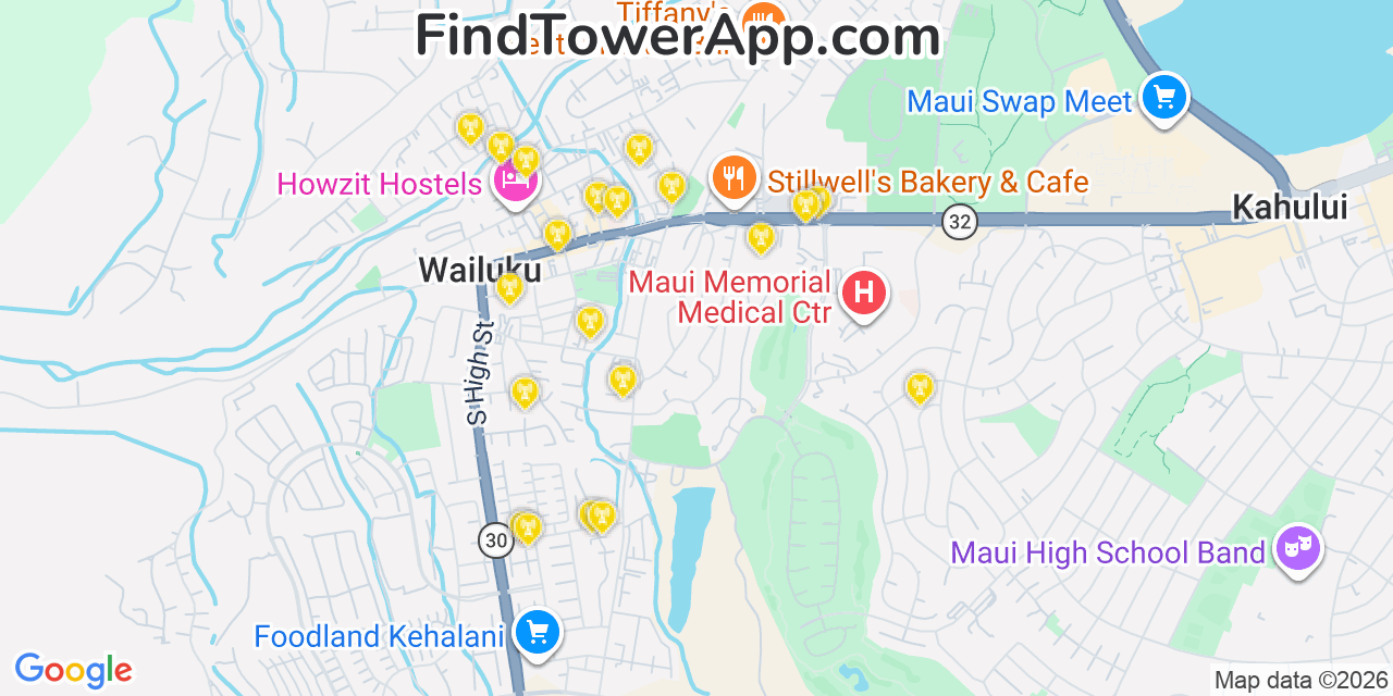 Map showing the 20 primary Verizon cell tower locations detected in Kã¯â¾Â€Žã¢Ë†Â¥Napali, Hawaii with coverage radius and signal strength indicators