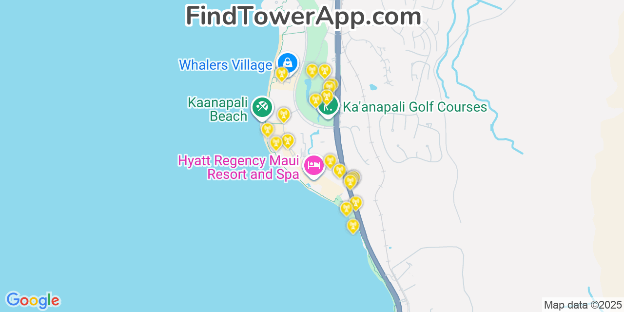 Map showing the 20 primary AT&T cell tower locations detected in Kā‘anapali, Hawaii with coverage radius and signal strength indicators